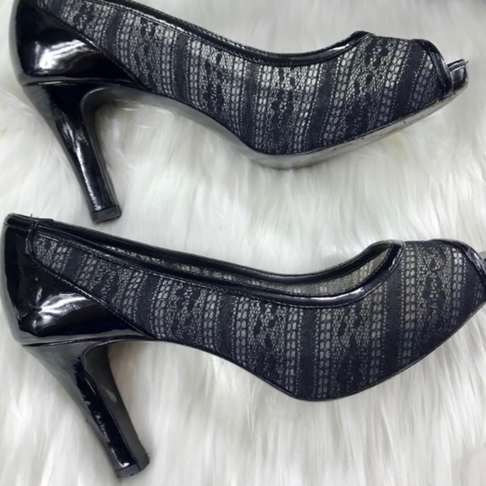 🌺Kate Preston Black Lace Open Toe Heels Size 10